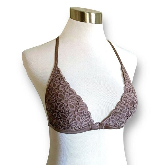 Victorias Secret XS Bralette Mocha Lace Racerback Front Close Bra Removable Pads - Picture 1 of 9